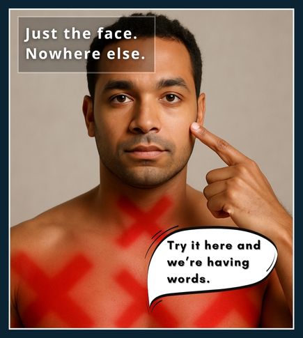 Shirtless man pointing to his face while neck and chest are clearly marked as off-limits for Vaniqa use