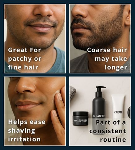 four image collage illustrating the range of results and, who Vaniqa is best suited for: Man with patchy or fine beard growth, representing who Vaniqa works best for Man with smooth, irritation-free skin after shaving, showing benefit of reduced regrowth Man with thick and coarse facial hair, where Vaniqa may take longer to work Skincare products including a cream tube, representing Vaniqa in a shaving routine