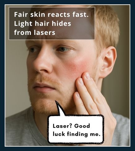 Man with fair skin and light blond facial hair touching a red irritated area on his cheek