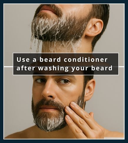 Top shows a man rinsing shampoo from his beard under a faucet then bottom shows him smoothing rinse-out conditioner through wet facial hair