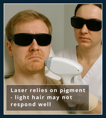 Fair-skinned man with light blonde facial hair receiving laser hair removal, showing uncertain results due to lack of pigment