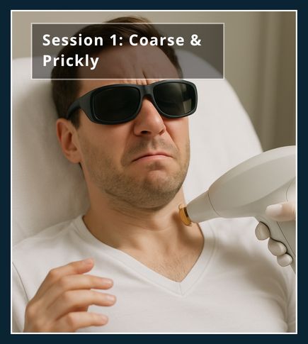 Man flinching during first laser session with coarse chest hair