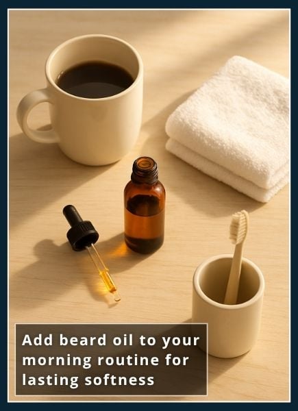 Flat‑lay of beard oil bottle next to a coffee mug, towel, and toothbrush in soft morning light