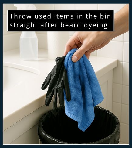 Hand throwing used gloves and towel into bin bag after beard dye