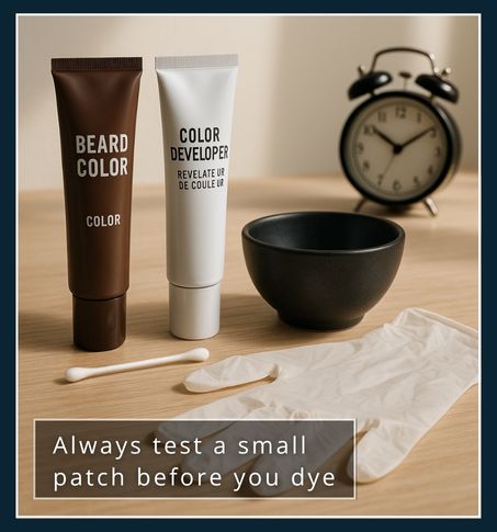 A neatly arranged beard dye kit with gloves, a mixing bowl, and a cotton bud on a wooden table.