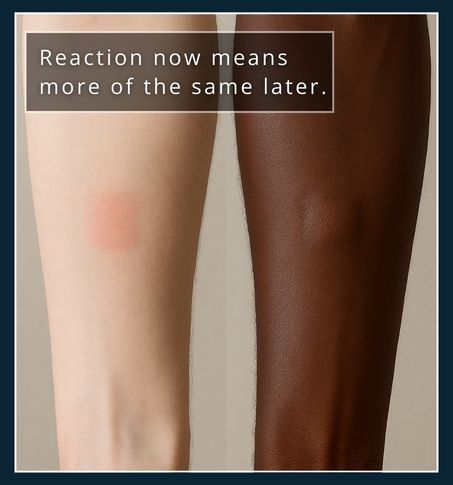 Comparison of light and deep skin tones showing clear and reaction patch test results for beard dye.