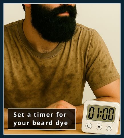 Man dyeing beard at home with timer on phone to track dyeing time
