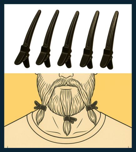 iagram of a beard divided into three bundles, each held in the middle with plastic clips to show how to apply natural beard dye evenly
