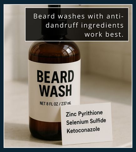 Beard wash bottle with ingredient label listing zinc pyrithione, selenium sulfide, and ketoconazole.