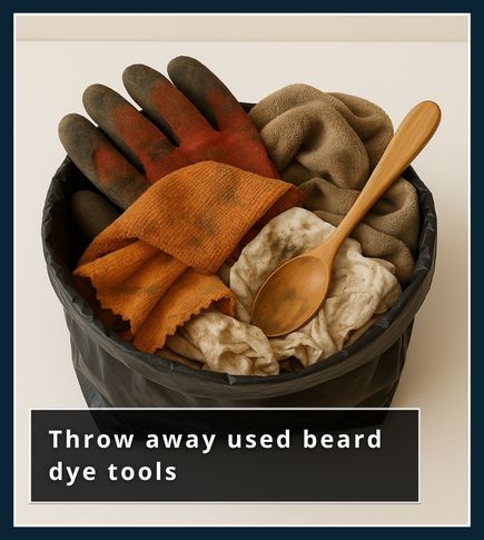 Small bin with used gloves, paper towels, and spoon after beard dye application Image title: Clean-up tools for natural beard dyeing