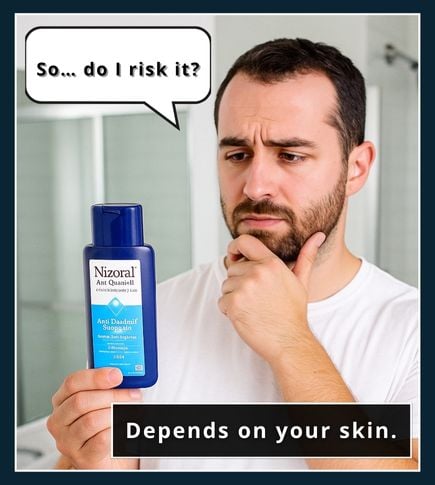 Close-up of a bearded man with Nizoral shampoo and a faded question mark symbol to suggest uncertainty about facial use.