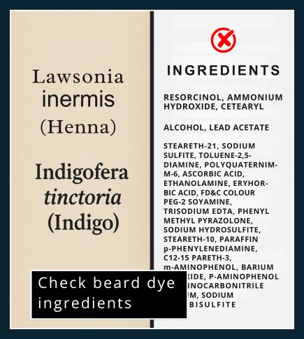 Close up of the ingredients that should be in natural beard dye compared to an additive filled ingredients list for beard dye
