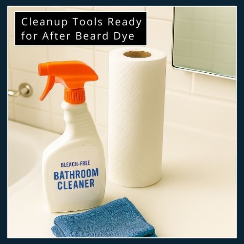 paper towels, bathroom cleaners and rags on a bathroom counter ready for after beard dye treatment