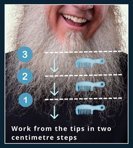diagram showing a comb working downward from the beard tips in 2 cm sections until smooth