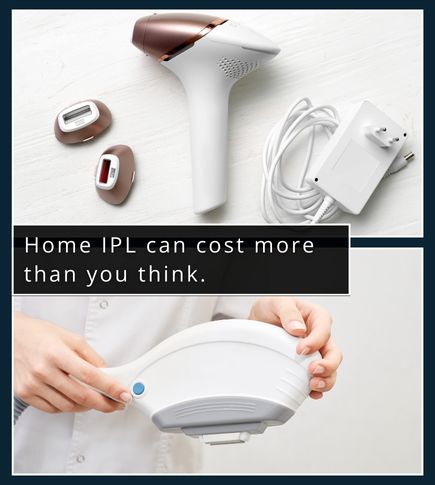 Split image showing a home IPL device with replacement cartridges and a professional IPL machine in a clinic.