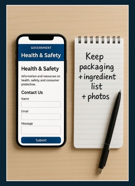 Smartphone showing government health site with note about keeping packaging and ingredient list