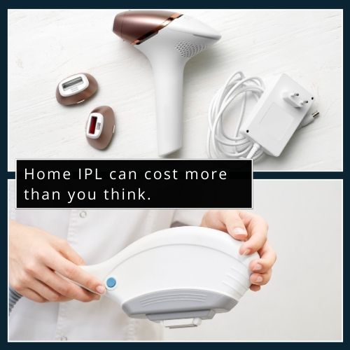 Split image showing a home IPL device with replacement cartridges and a professional IPL machine in a clinic.