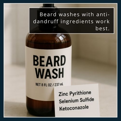Beard wash bottle with ingredient label listing zinc pyrithione, selenium sulfide, and ketoconazole.