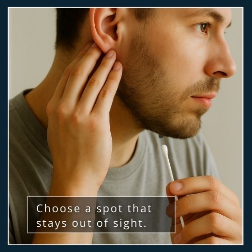 A man touching the skin behind his ear while holding a cotton bud for a beard dye patch test.
