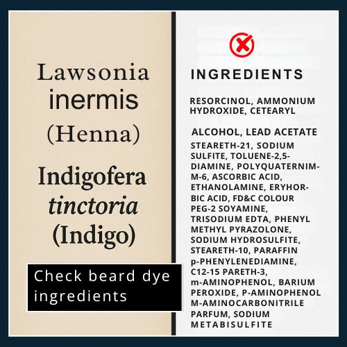 Close up of the ingredients that should be in natural beard dye compared to an additive filled ingredients list for beard dye