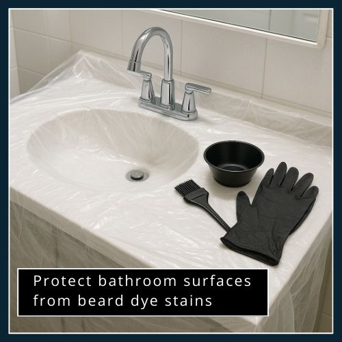 Bathroom sink and counter covered with plastic sheets to prevent beard dye stains