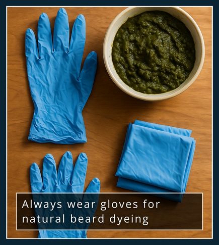 Disposable nitrile gloves placed next to a bowl of henna paste with a spare pair nearby.