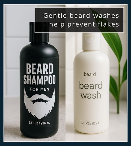 Split image showing a harsh-branded soap bottle and a gentle-branded beard wash bottle.