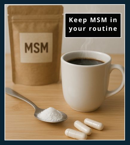 Coffee cup with spoon of MSM powder, three capsules, and a brown MSM pouch on a clean tabletop, showing different ways to take MSM for beard growth.