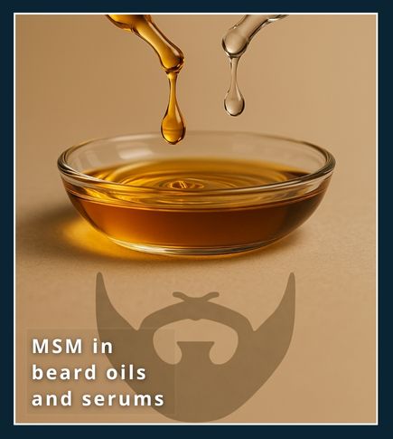 Two droppers releasing golden and clear drops into a dish of oil with a beard symbol beneath, showing MSM as an added ingredient in beard oils.