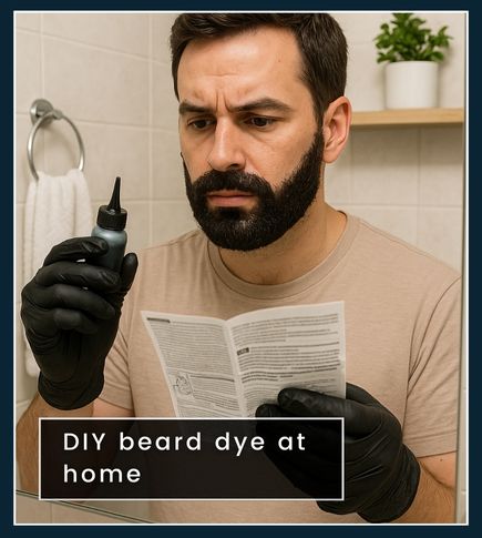 Man standing at a bathroom mirror wearing gloves and carefully applying DIY beard dye to his beard while following instructions