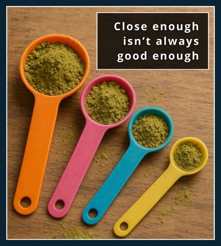 Set of plastic measuring spoons holding natural beard dye powder for less precise colour mixing