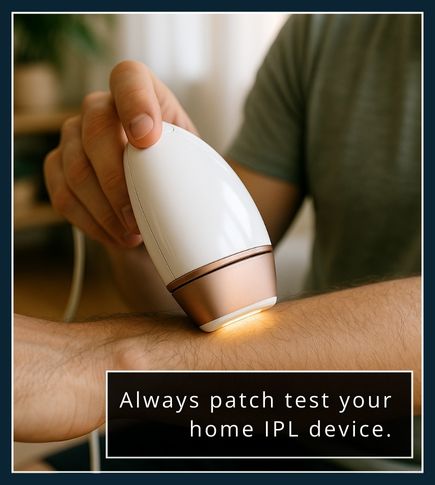 A man performing a small patch test on his forearm with a handheld IPL device at home.