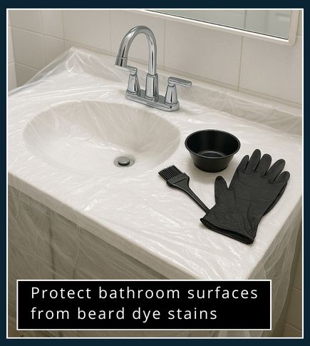 Bathroom sink and counter covered with plastic sheets to prevent beard dye stains