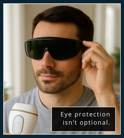 A man adjusting protective safety glasses with an IPL device on a table in the background.