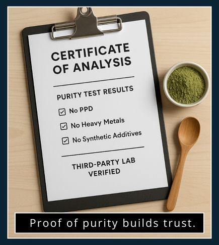 Beard dye purity certificate alongside natural henna powder.