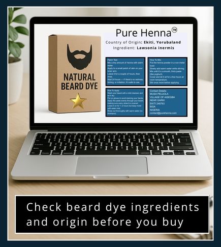 Laptop showing beard dye product page with clear ingredients and origin.