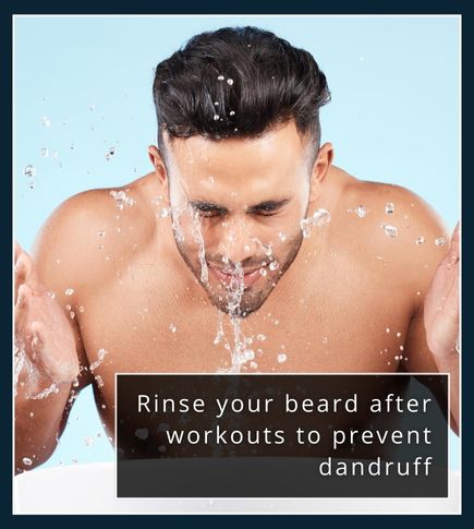 Close-up of a man splashing cool water onto his beard after a workout.
