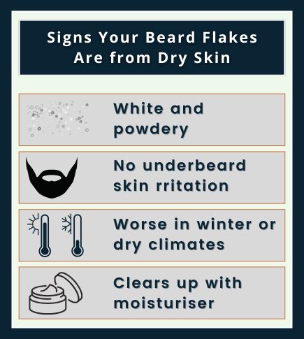 Four-icon infographic showing signs of beard flakes from dry skin including white powdery flakes, no redness, worse in dry climates, and clearing with moisturiser.