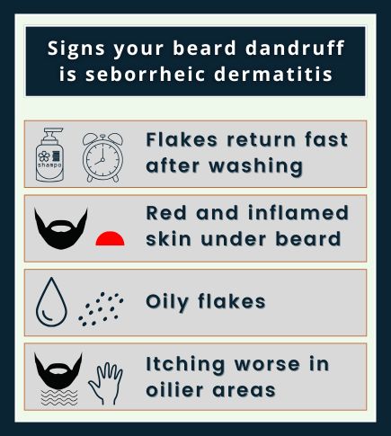Four‑icon graphic showing signs of seborrheic dermatitis causing beard dandruff including quick return of flakes after washing, redness under the beard, oily flakes and worse itching in oily areas