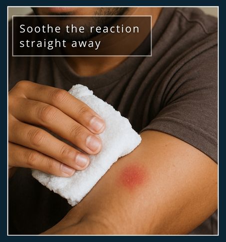 A man holding a cold damp cloth to his forearm after a beard dye patch test reaction.