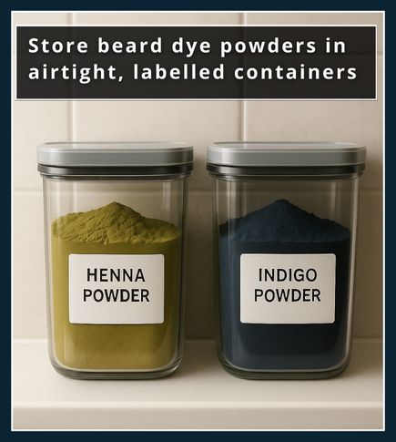 Airtight containers of henna and indigo beard dye powders with labels