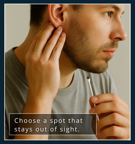 A man touching the skin behind his ear while holding a cotton bud for a beard dye patch test.
