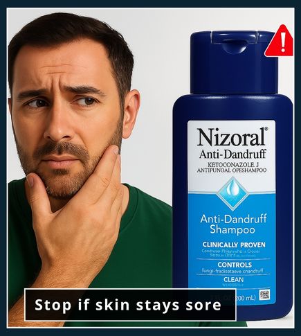 Man with beard touching irritated skin next to a Nizoral shampoo bottle with a warning symbol.
