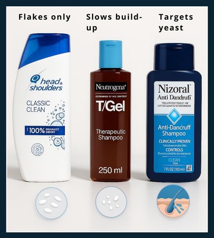 Comparison of Head & Shoulders, Neutrogena T/Gel, and Nizoral shampoos with labels showing flakes only, slows build-up, and targets yeast.