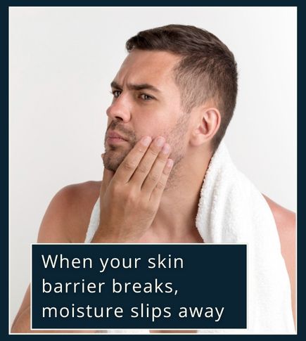 Close-up of a man with slightly dry skin wiping his face with a towel after a hot shower, symbolising loss of moisture and barrier damage.