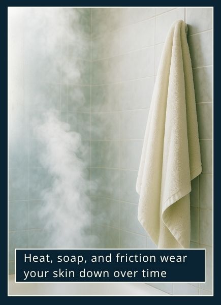 Steam rising in a bathroom with condensation on glass and a towel hanging nearby, symbolising how daily habits trigger skin sensitivity.