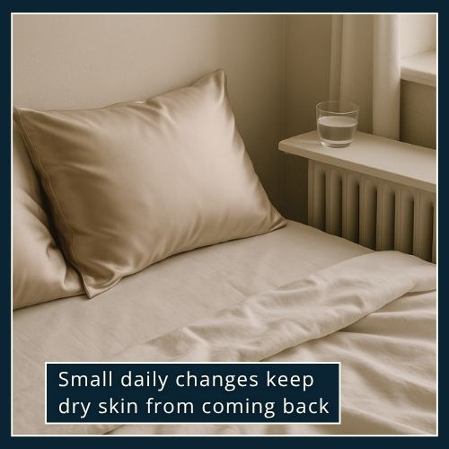 Soft daylight on a neatly made bed with satin pillowcases and a bowl of water nearby, symbolising lifestyle tips to prevent dry skin.
