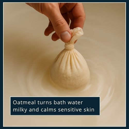 Close-up of a man’s hand soaking a small oat-filled bag in bath water turning cloudy, showing how oatmeal soothes sensitive skin.