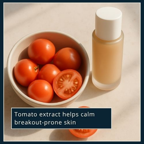 A clean, natural flat lay showing a small bowl of fresh tomatoes (sliced and whole) beside a skincare bottle or cream jar