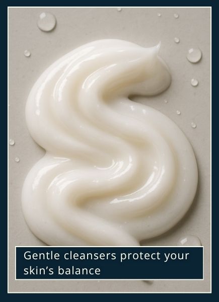 Macro close-up of creamy body wash texture with soft water droplets, symbolising gentle cleansing for sensitive skin.